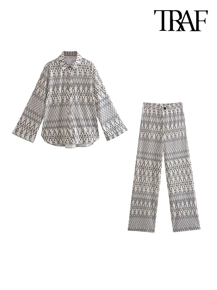 

Комплект из двух предметов TRAF Женский, модная бегущая рубашка с принтом и завышенной талией, на молнии