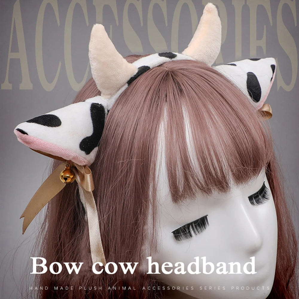 

Cute Plush Cow Ears Headband Halloween Furry Cartoon Hairband with Bells Ribbon Bow Animal Party Cosplay Hair Hoop DIY Headpiece