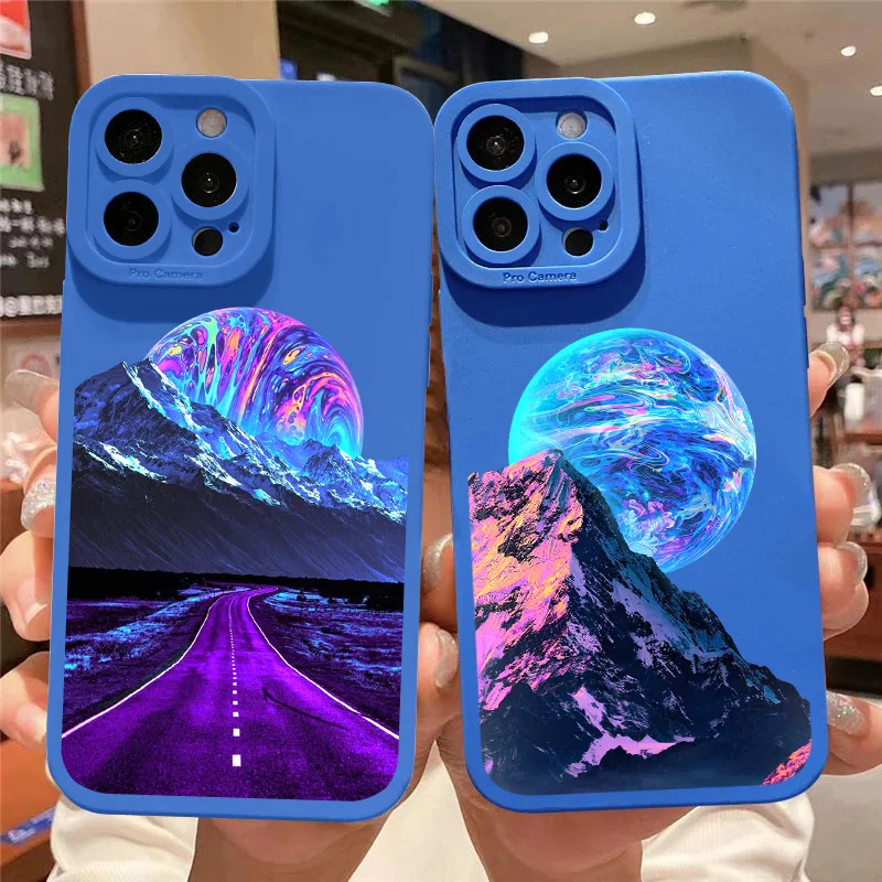 

Space Moon Case For iPhone XR XS X 11 12 13 14 Pro Max Cases Blue Painted Phone Cover For iPhone 7 8 Plus SE2 Soft Silicon Case