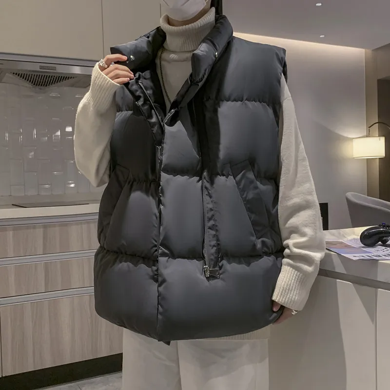 

Cotton Vest Men's Autumn and Winter Solid Color Thickened Stand-up Collar Cotton Vest Men's Hong Kong Style Ins Loose Vest Tide