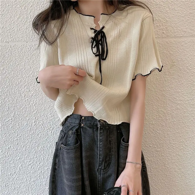 

Summer New Lacing Hollow Out Short T Shirt Tops Round Neck Solid Color Loose Knitting Pullovers Fashion Trend Women Clothing