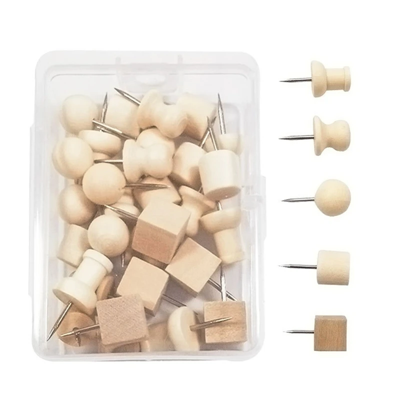 

30 Pieces Wooden Push Pin Paper Photo Memo Document Steel Tack Postcard Pin Set