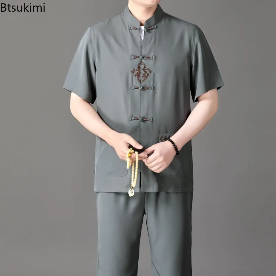 Мужские льняные комплекты с вышивкой в китайском стиле размера плюс 4XL летняя