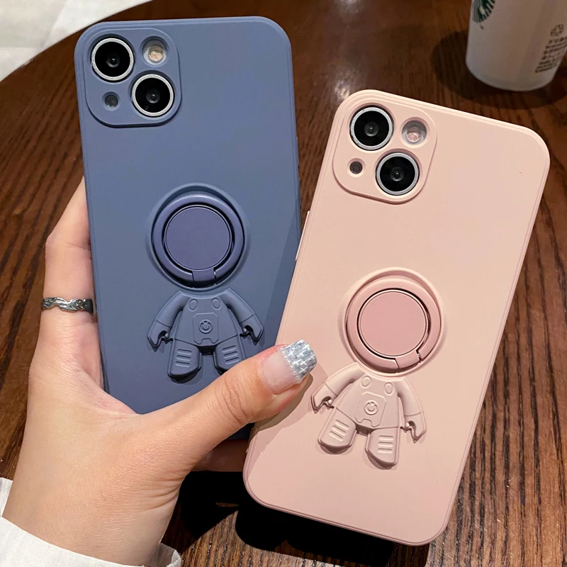 

Astronaut Ring Holder Phone Case For iphone 13 12 Mini 11 Pro XS Max X XR 8 7 6 6S Plus SE 2 3 2020 Liquid Silicone Soft Cover