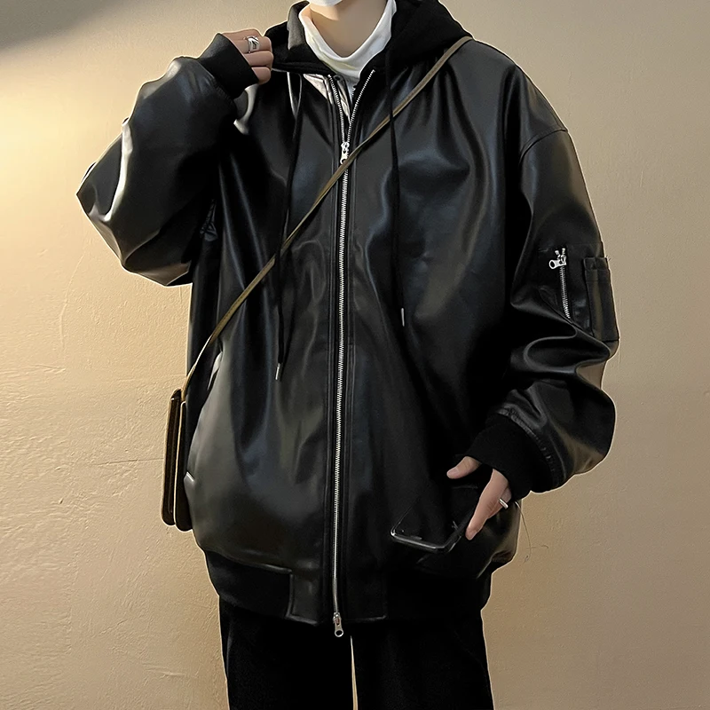 

Workwear leather jacket men's leather jacket fake two spring and autumn jackets black