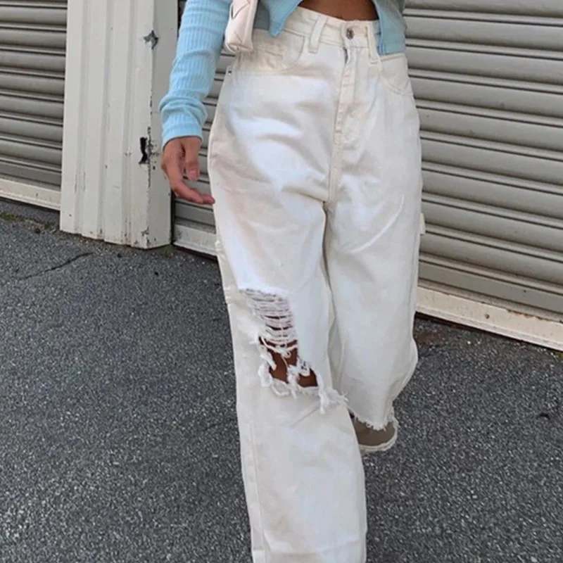 

2023 New Women Wear European And American Ins Fashion Hole High Waist Casual Denim Trousers Fashion Ladies Leisure Hole Jeans