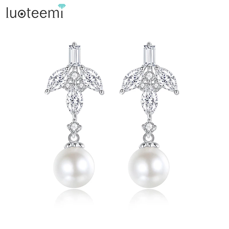 

LUOTEEMI Lovely Imitation Pearl Women Drop Earrings Cubic Zirconia Bridal Wedding Clear CZ Pendant Earing Jewellery For Lover