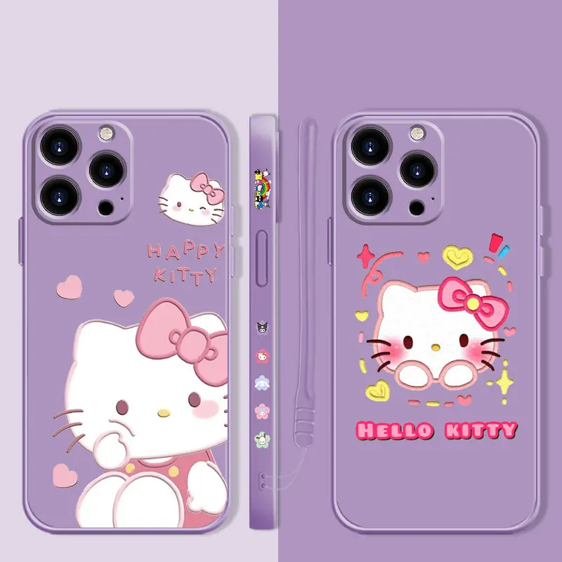 

Square Liquid Candy Phone Case For Apple iPhone 14 13 12 11 Pro Max 13 12 Mini XS XR X 7 8 6 6S Plus Pink Happy Hello Kitty