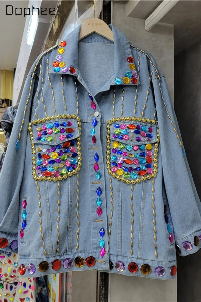 2023 Spring New Blue Beaded Colorful Crystals Sequined Denim Jacket for Women Streetwear Loose Long Sleeve Jean Jackets Trendy