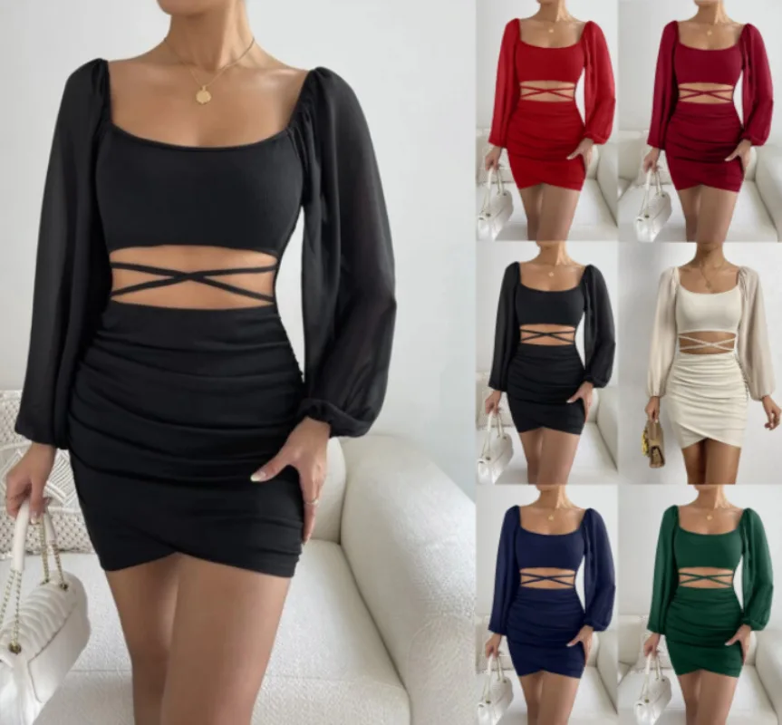 

2023 New Hot Selling Fashion Casual Women's Cross Fit Hollow Out Lantern Sleeve Dress