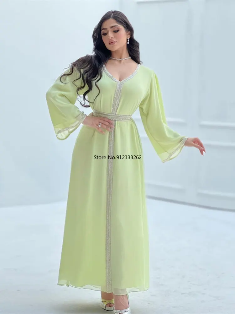 Modest Muslim Women Dress Morocco Caftan Chiffon Diamond Abaya V Neck Long Sleeve Loose Belted Arab Dubai Caftan Marocain Eid
