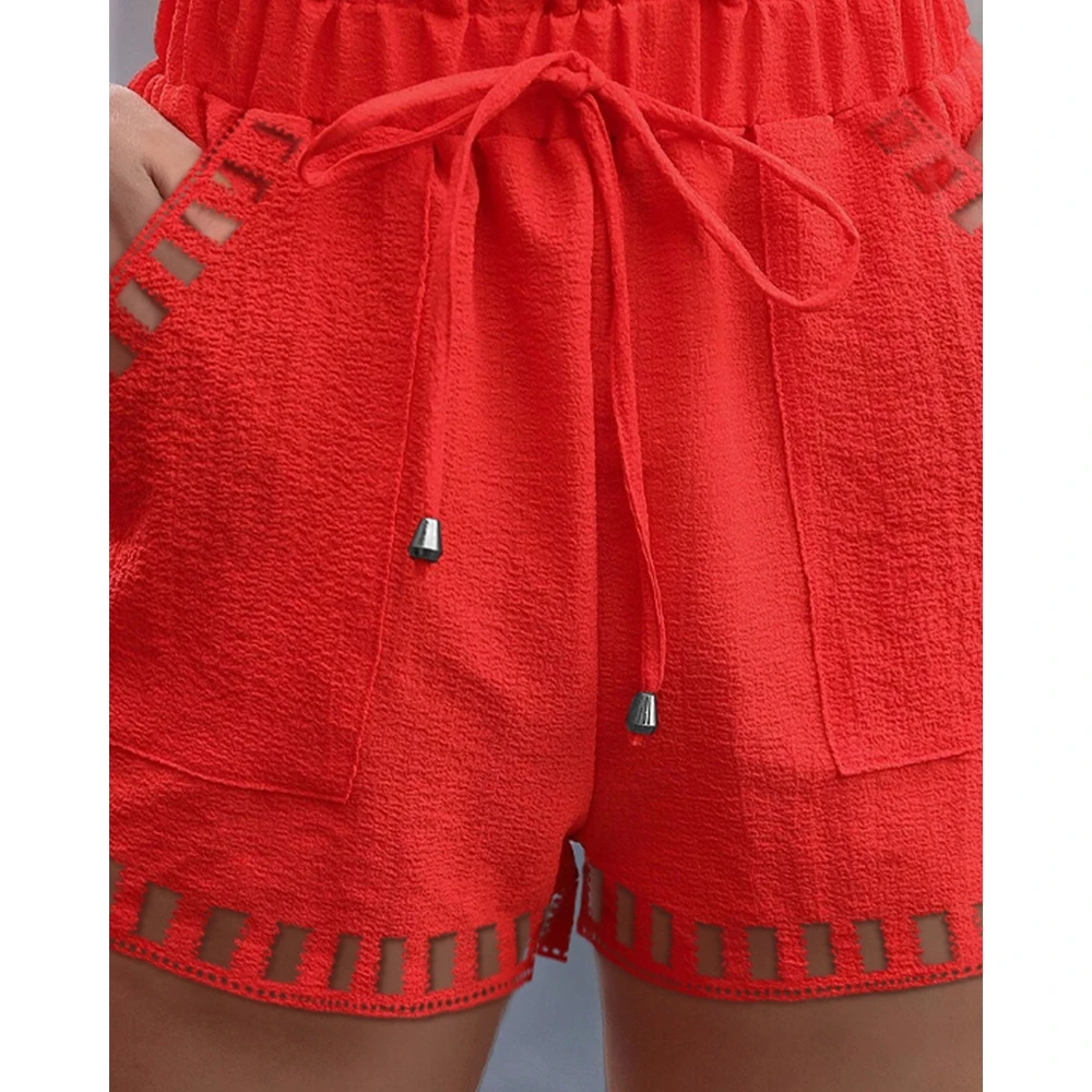 Korean Style Women Ruched High Waist Shirring Belted Shorts Female Casual Elegant Summer Hollow Out Pocket Design Hot Pants