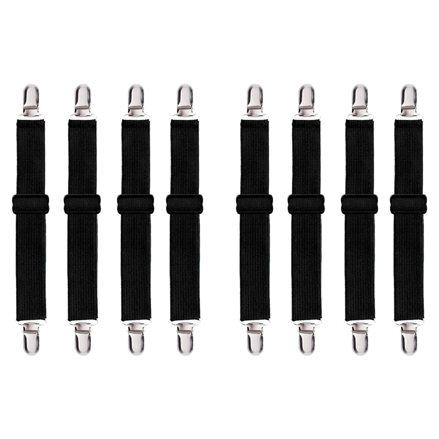 

Adjustable Heavy Duty Bed Sheet (8 Pack), Cover Grippers Suspenders Holder Band Straps Clips Fasteners, Black