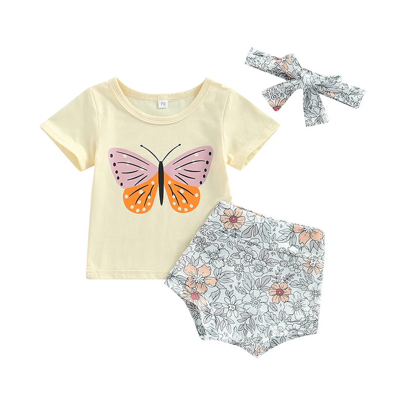 

2022 Girl's Three Pieces Clothes Outfit Short Sleeve Butterfly Printed T-Shirt Flower Printed Shorts Headband Clothing Sets