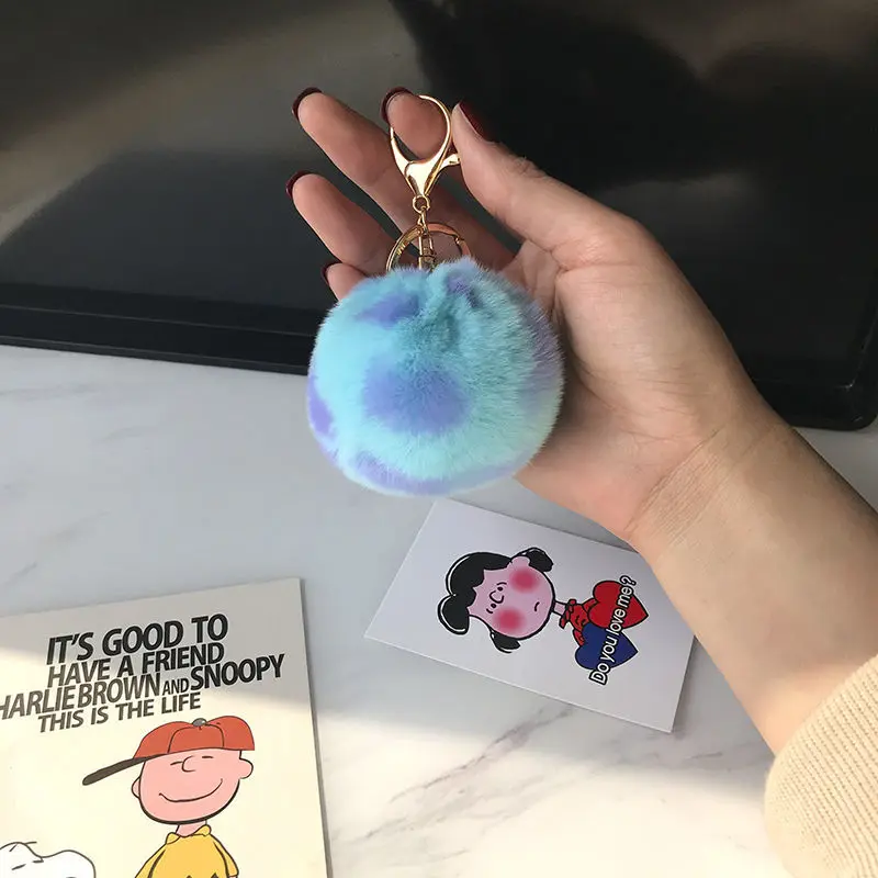 

Japan Cartoon Pompom Keychain Creative Lake Blue Soft Plush Ball Pendant Keyring Women Bag Trinket Couples Gifts Accessories