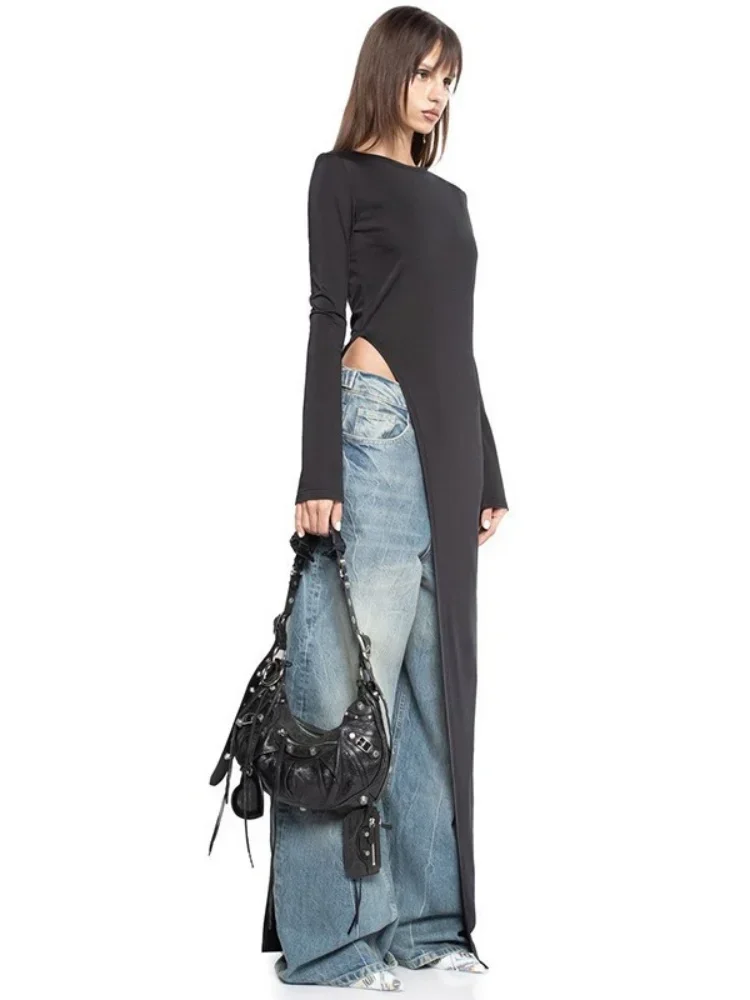 Уличная одежда Y2k тонкое облегающее платье с круглым вырезом и длинными рукавами