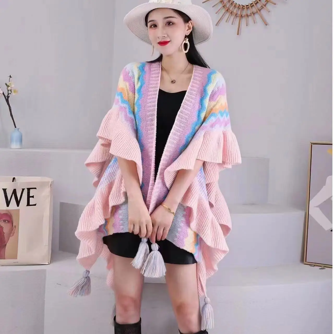 Женские теплые шали накидки вязаный свитер в этническом стиле пончо с кисточками