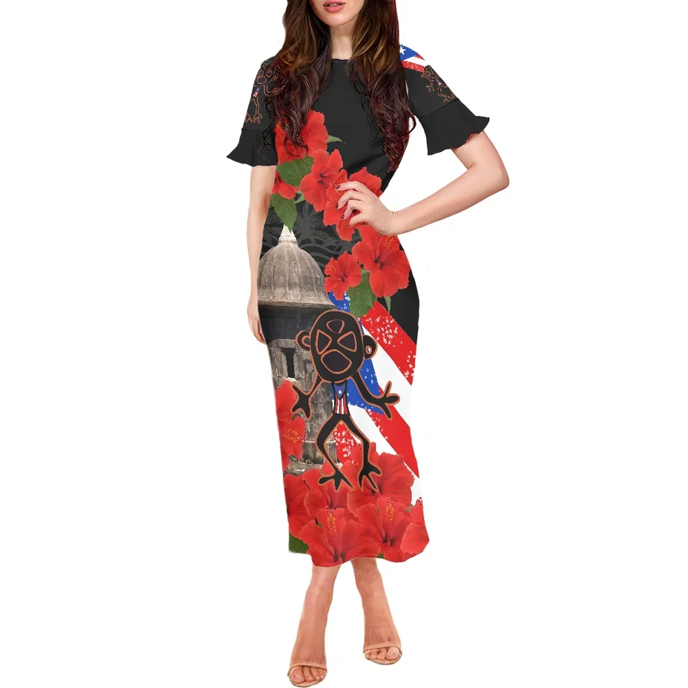 

Womens Short Sleeve Dresses 2022 Bodycon Polynesian Tribal Hibiscus Printed Fabric Ladies Maxi Dresses Women Casual Clothing