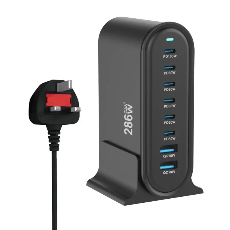 286 Вт Настольное зарядное устройство GaN 8-портовое USB Type C PD Fast Charge 3.0 100 PPS Быстрое