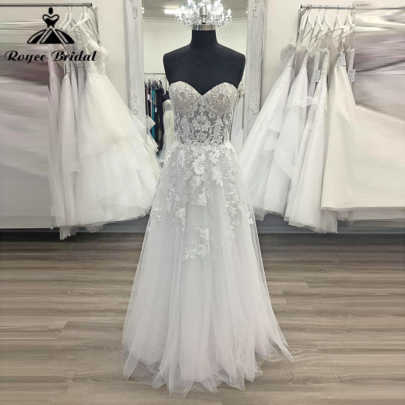 

Boho A-Line Wedding Dress For Women Sexy Sweetheart Sleeveless Back Lace Up Lace Appliques Bride Gowns Tulle Sweep vestidos robe