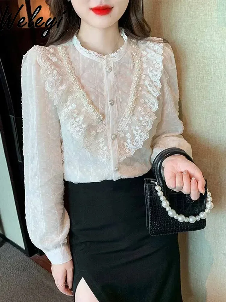 Женские французские ретро-топы Осенние милые универсальные нишевые кружевные