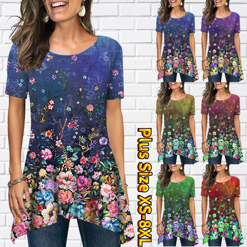 

2023 Women's Everyday Street Flower Printing T-Shirt Summer Round Neck Fashion Loose Size Tops Casual Tee Elegance Short Sleeve