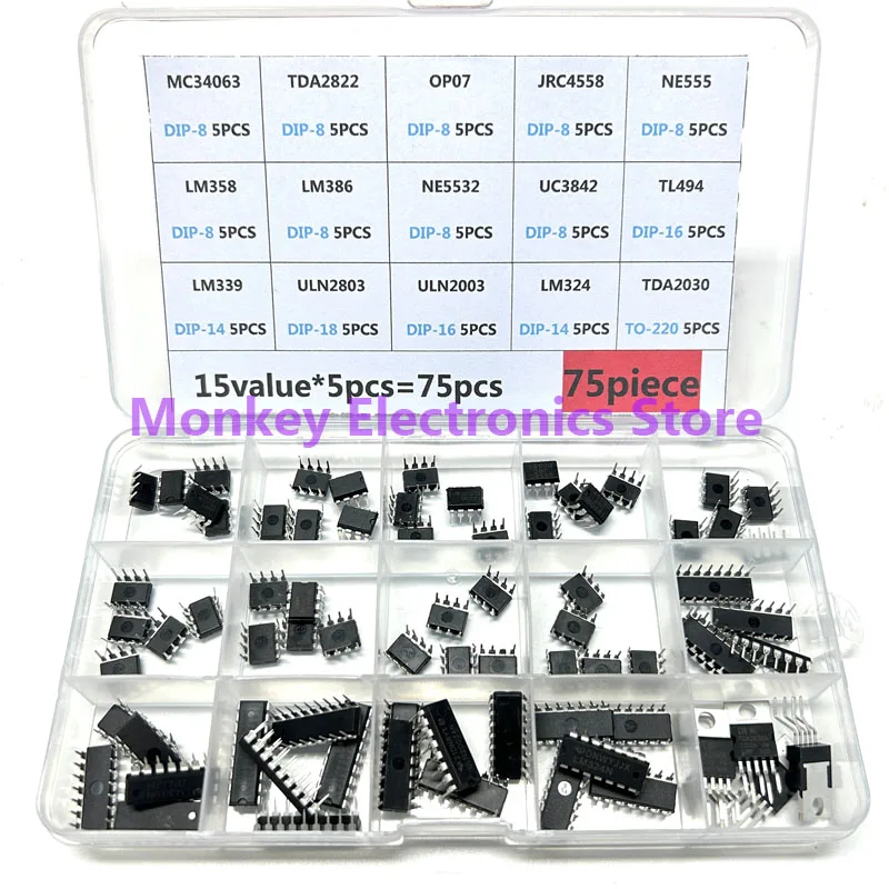 

75pcs Integrated Circuit IC DIP Kit Box LM358 LM386 ULN2003 LM324 NE555 MC34063 TL494 ULN2803 LM324 TDA2030 LM339 ULN2803 TDA782