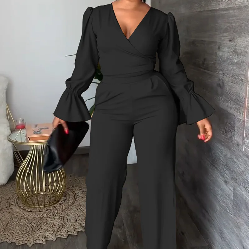 

Женский комплект из топа и брюк, однотонный Элегантный комплект из двух предметов с расклешенными рукавами и V-образным вырезом, осень 2023