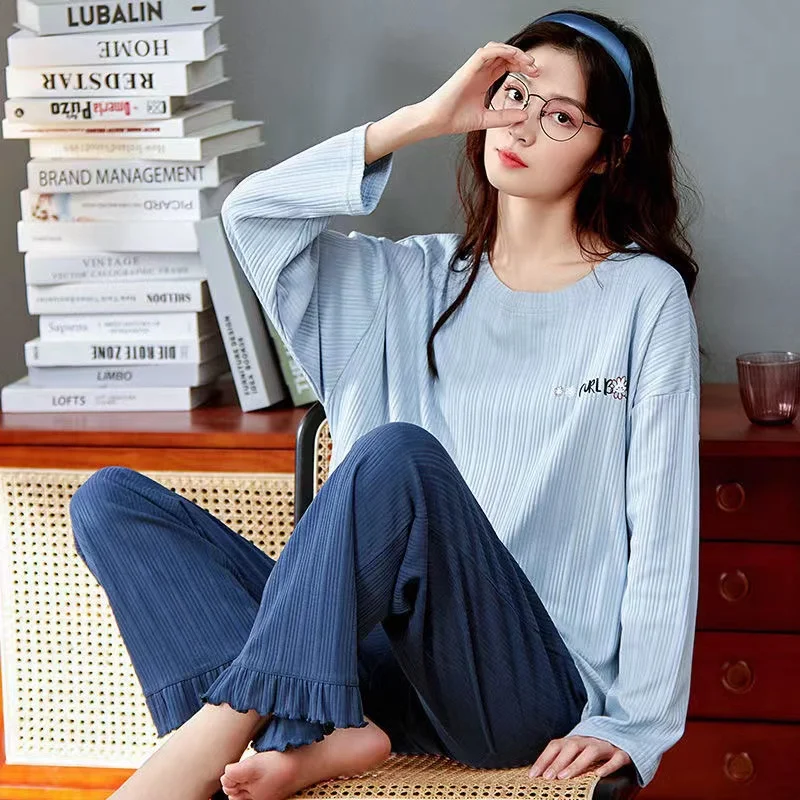 100% Cotton Pyjamas Suits Women Spring Autumn Round Neck Sweet Cute Leisure Lounge Sleepwear Home Clothes 2 Pieces /Sets Hom