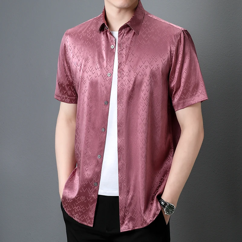 

High Quality 100% Real Silk Shirts For Mens Summer Comfortable Cozy Satin Shirts Pink Blouses Large Size Smooth Husband Clothing