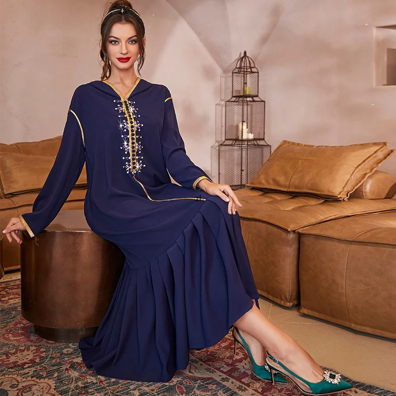 Arab Dubai Muslim Dress Women With Diamond Hooded  Islamic Clothing Spring Autumn Elegant Jalabiya Abayas Muslim Maxi Dress Robe