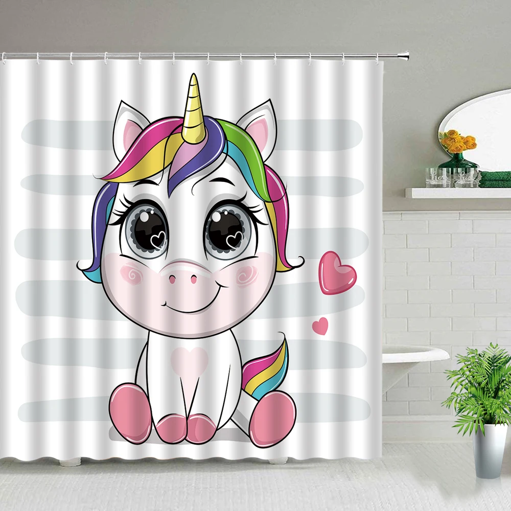 

Creative Cartoon Unicorn Pink Girl Cute Shower Curtain Windproof Bathroom Layout Home Decoration with Hooks Bath Curtain