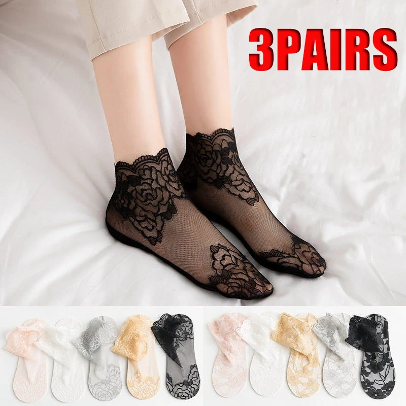 

3Pairs Fashion Women Girls Summer Socks Lace Flower Short Sock for Female Antiskid Invisible Breathable Mesh Ankle Socks