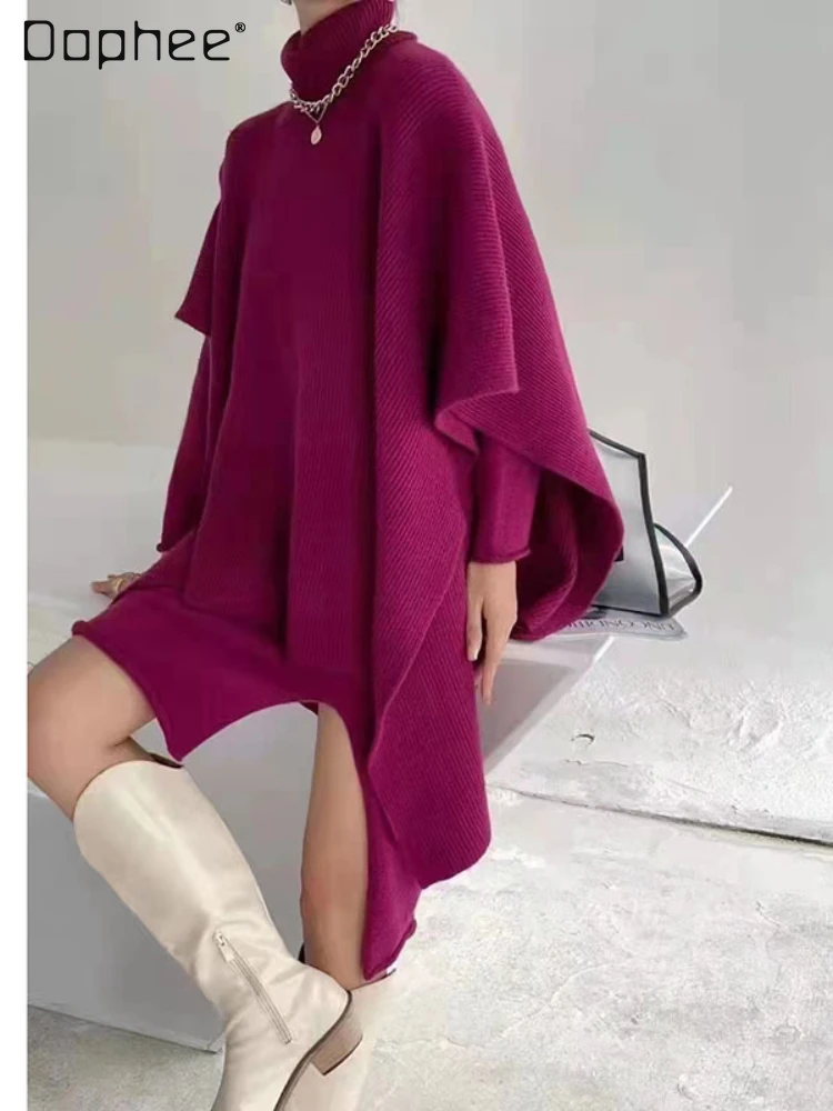 Knit Dress Set for Women Fashion Outfit Skirt Two-Piece Women's Autumn and Winter New Knitted Dress Loose High Collar Cape Coat