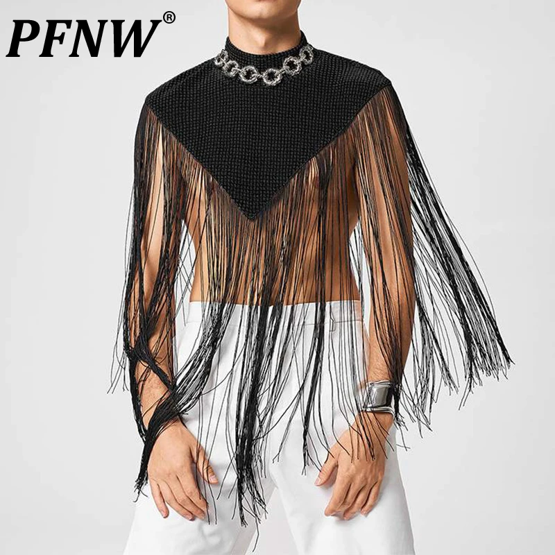 

PFNW Summer New Men's Fashion Solid Color Irregular Sleeveless Sexy Vest Trendy Streetwear Tassel Mesh Loose Tank Tops 12Z1133