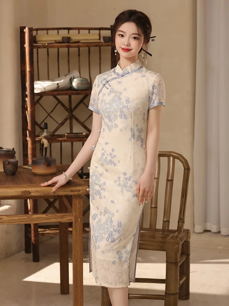 High Quality Short Sleeve Vintage Women Costumes Qipao Modern Dress Fashion Improved Blue Floral Print Cheongsam