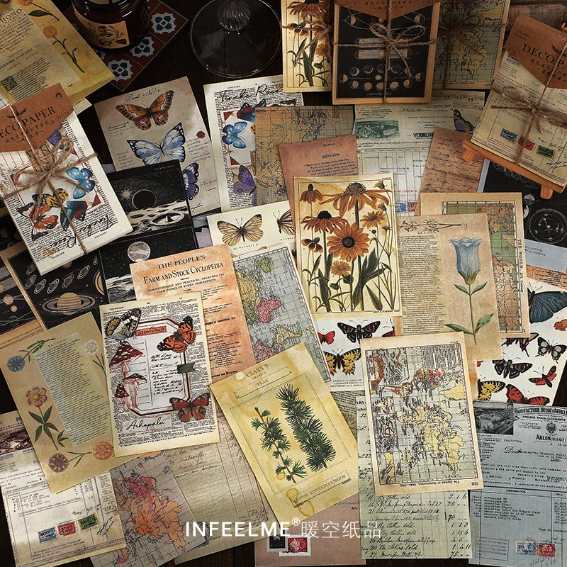

60PCS Time Flies Series Vintage Texture Butterfly Plant Pattern List Planetary Decorative Paper Handbook Material Craft Supplies