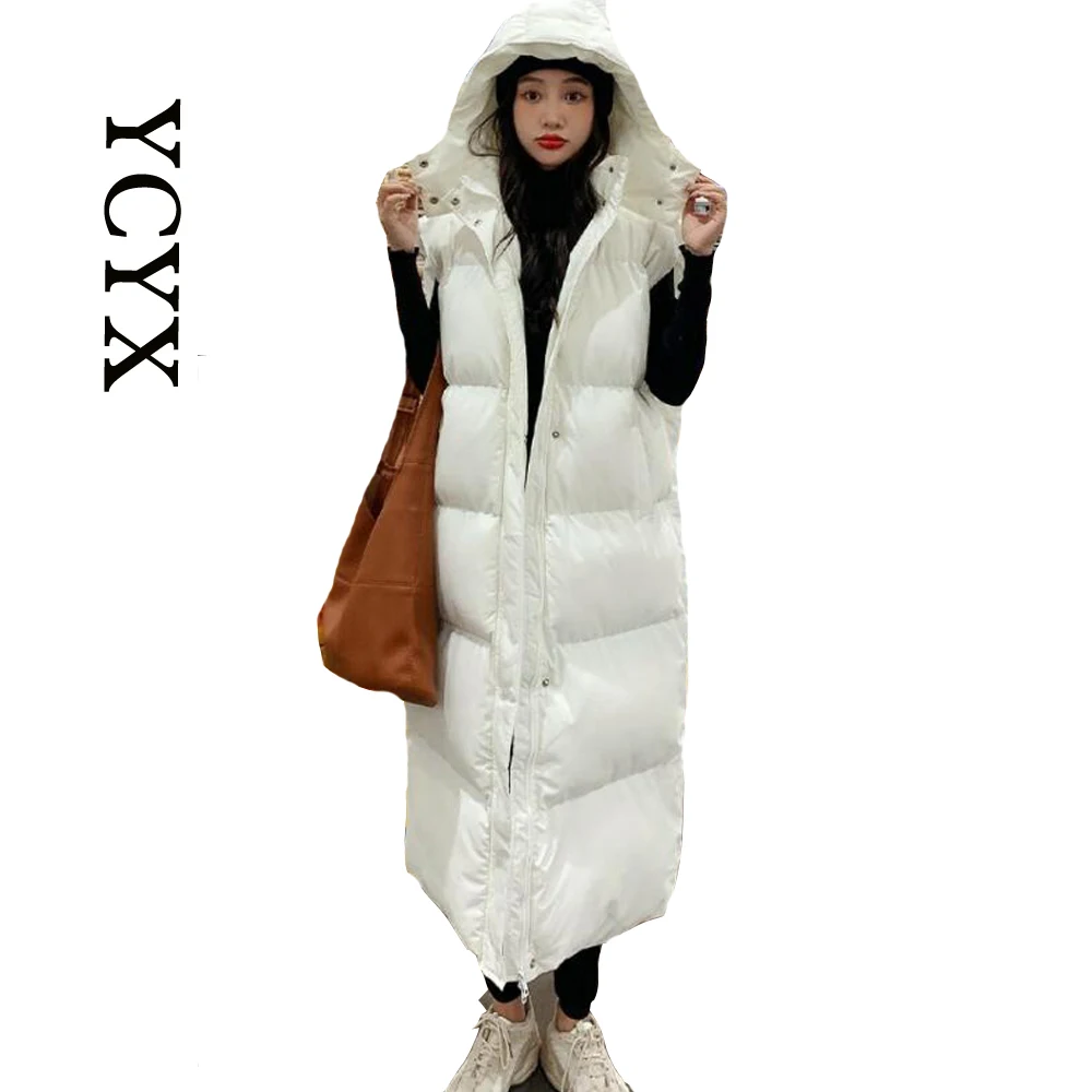 

YCYX Women Cotton jacket vest 2023 new autumn and winter tank top over knee vest thickened Warm Hood Parka Coat YCYX446