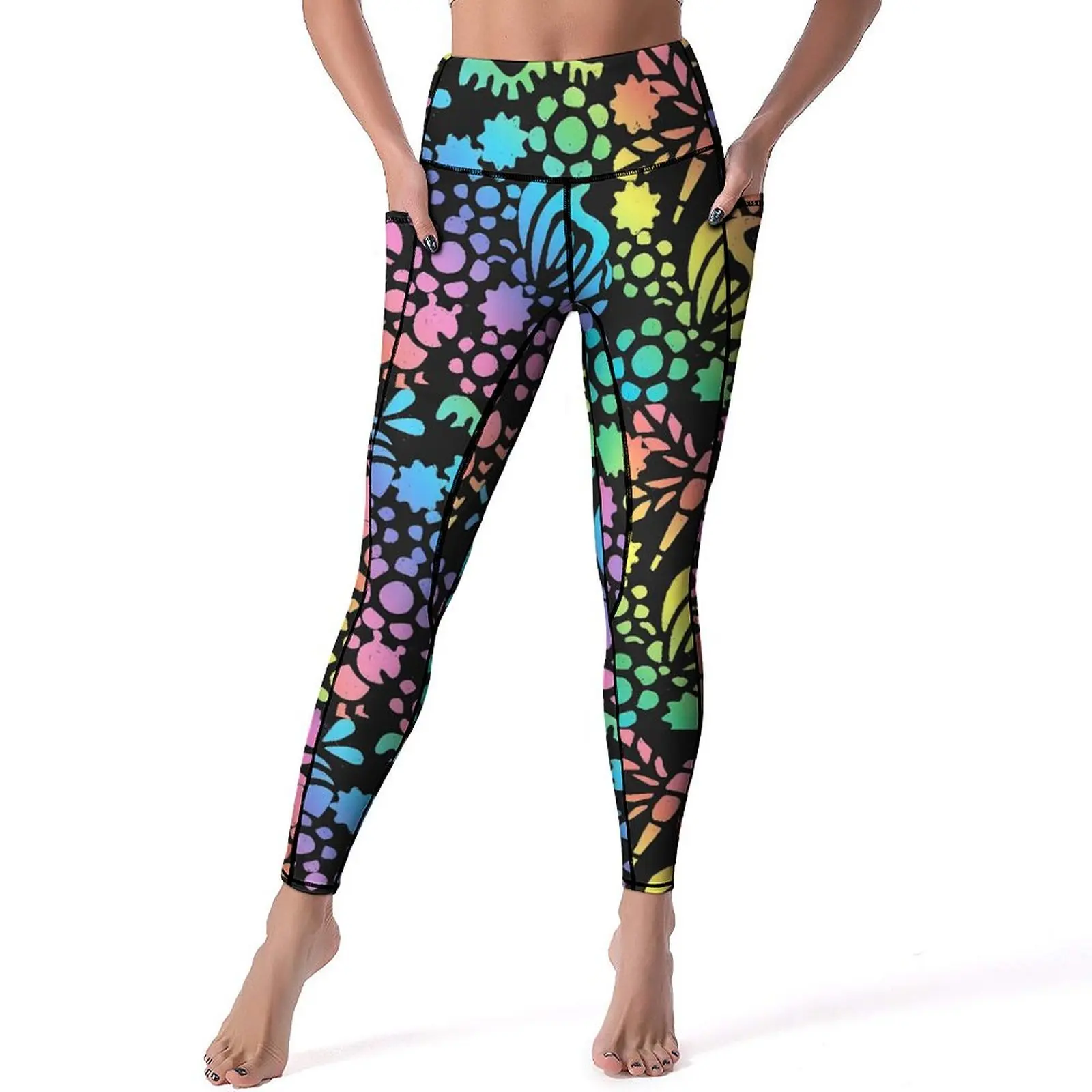 

Flower Power Leggings Neon Butterfly Print Fitness Yoga Pants Female High Waist Retro Leggins Sexy Elastic Printed Sports Tights