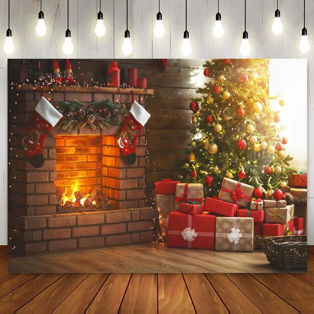 Merry Christmas Backdrop Interior Red Brick Fireplace Xmas Tree Photography Background Kids Family Party Wall Decor Photoshoot