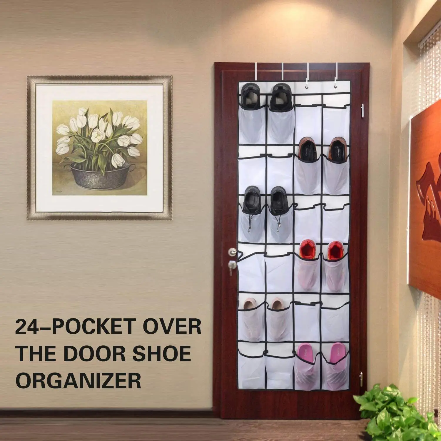 

Household 24-Pocket Mesh Over The Door Hanging Shoe Organizer Rack with 4 Hook Hanging Storage Holder Hanger Bag Closet