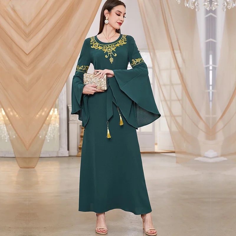 

Ramadan Eid Muslim Fashion Women's Flared Long Sleeve Embroidered Casual Dress Dubai Abaya Turkey Islamic Clothing Caftan Dress