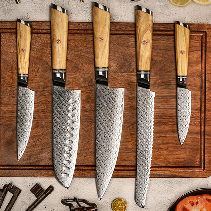

AUS10 Kitchen Knives 67 Layers Damascus Steel Blade Sharp Chefs Cleaver Santoku Slicing Utility Paring Bread Knife Wood Handle