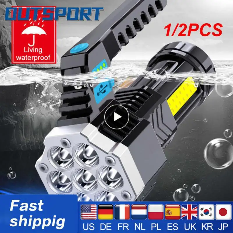 

1/2PCS High Power LED Flashlight Powerful USB Rechargeable Handheld Portable Outdoor Lamp Built-in Battery COB 7 LED