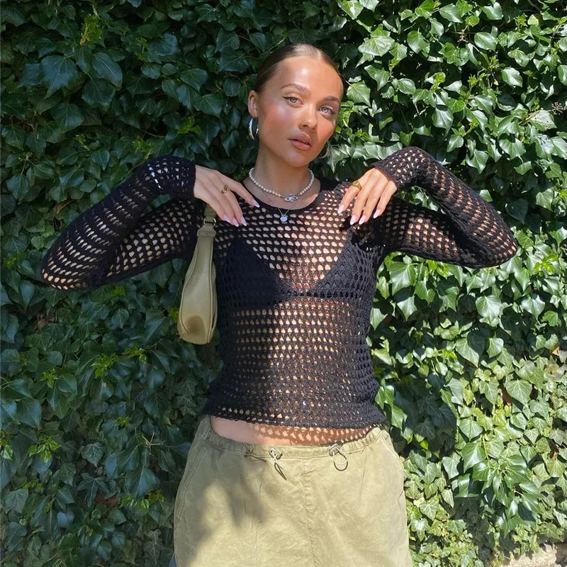 

Black Fishnet Smock Tops Hollow Out See-Through Beachwear Women Clothing Sexy Backless Fashion T-Shirts Summer Cover-Ups Tees