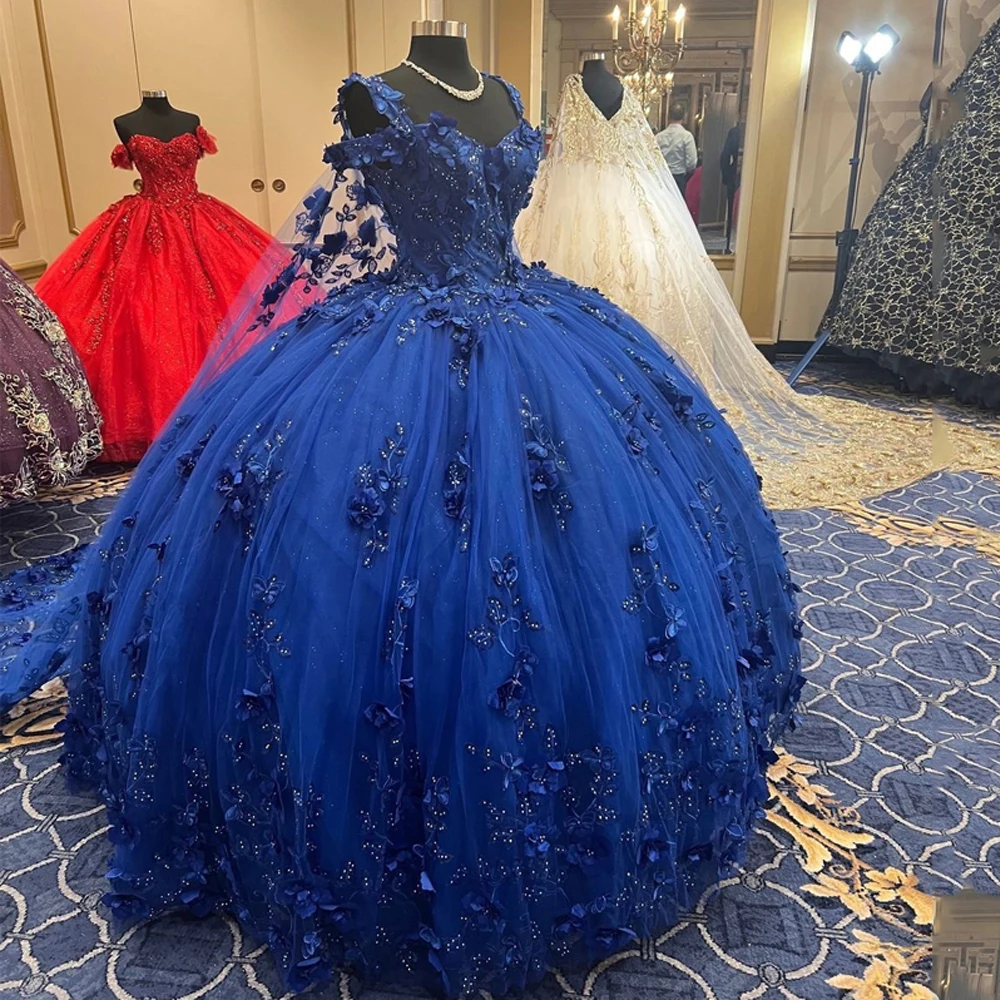 

Женское бальное платье с накидкой, синее блестящее Тюлевое платье для выпускного вечера, с 3D цветами, для взрослых 15 лет