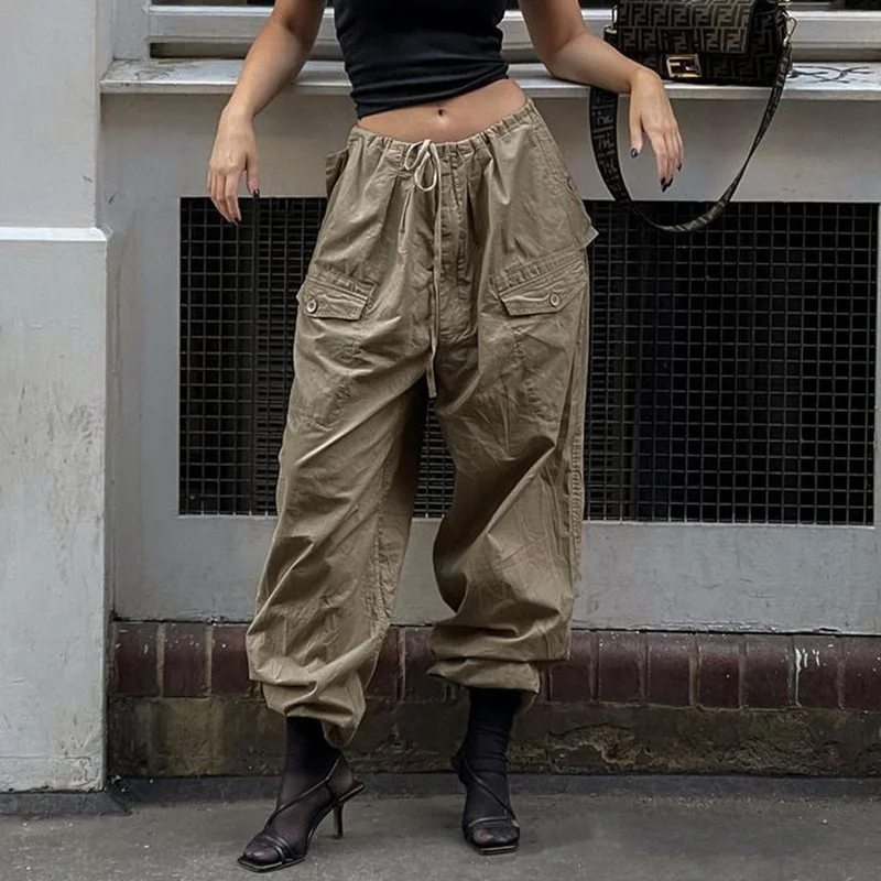 

Cstom Logo Women's Low Waist Cargo Pants Casual Solid Color Harajuku Vintage Y2k Low Rise Baggy Jogger Relaxed Cinch Pants