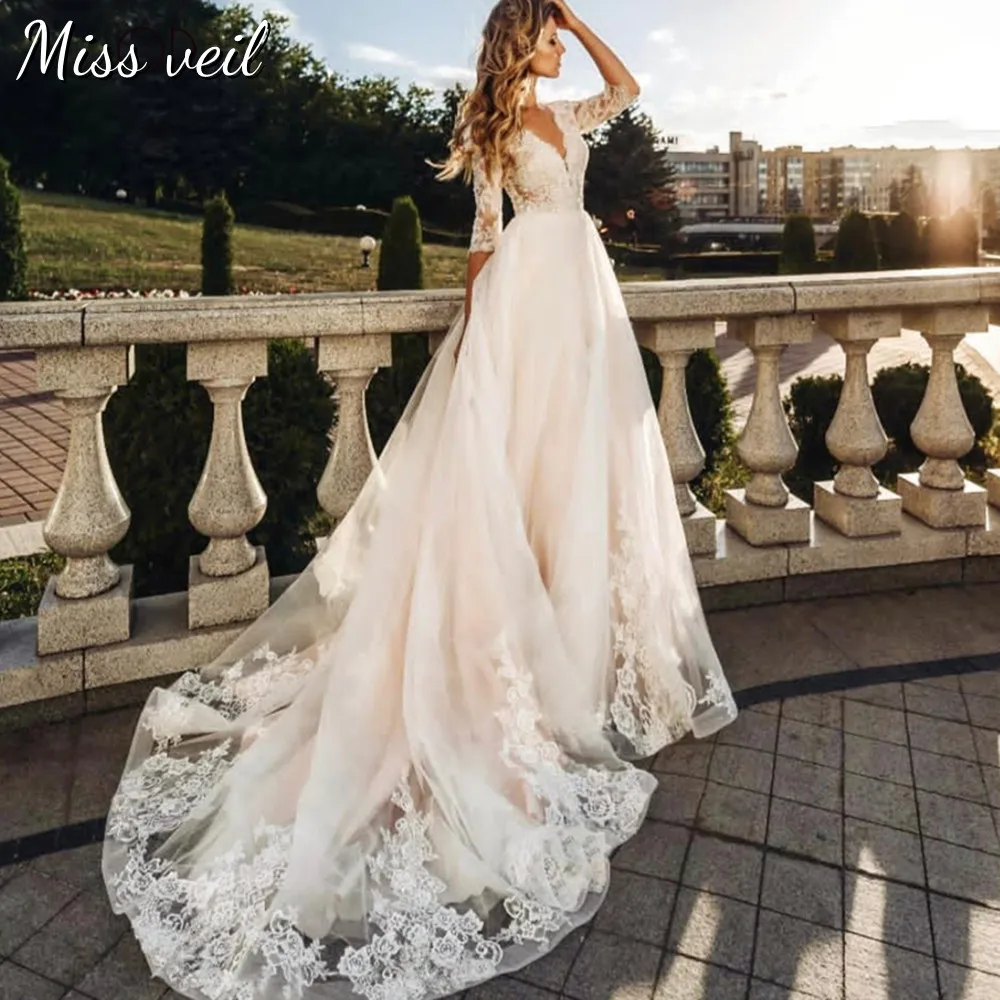 

Женское свадебное платье с V-образным вырезом, полурукавом и пуговицами