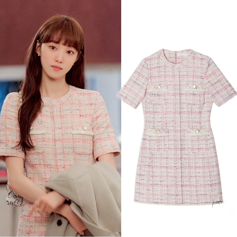 

High Waist Dress Women Elegant 2022 Korean Drama 이성경 Plaid Mini Dress Female Short Sleeve Dresses Women Party Dress Streetwear