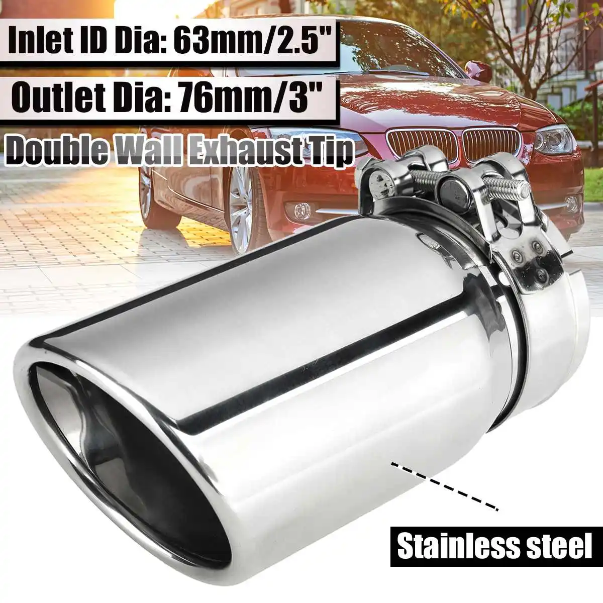 

63mm-76mm Double Wall Exhaust Muffler Tip Stainless Steel Muffler Exhaust Pipe Tail Tube 2.5"-3" Universal